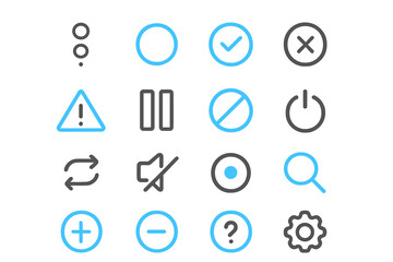 Glowing blue neon icons on dark background with symbols and buttons