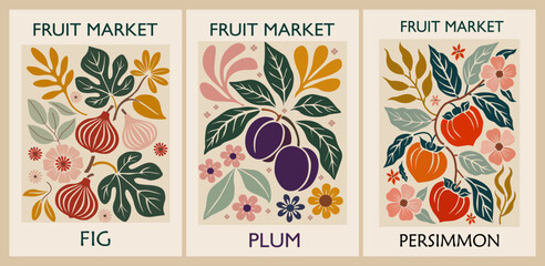 Set of Abstract Fruit Market retro posters. Trendy contemporary wall arts with fig, plum, persimmon fruits design. Modern naive groovy interior decorations, vector art paintings.