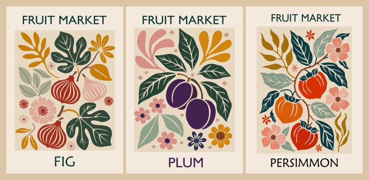 Set of Abstract Fruit Market retro posters. Trendy contemporary wall arts with fig, plum, persimmon fruits design. Modern naive groovy interior decorations, vector art paintings.