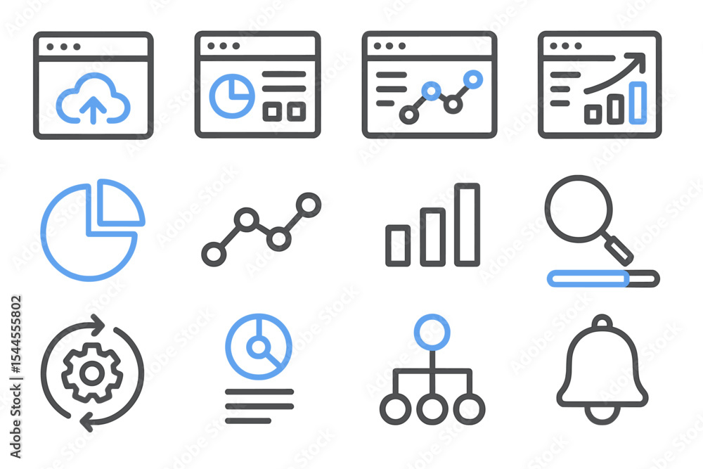 Poster glowing blue data icons on dark background with graphs and charts