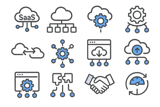 Cloud technology icons highlight saas and gear settings in blue and gray