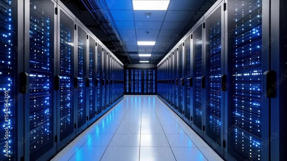 Poster data center interior featuring rows of server racks with blinking lights and blue ambient lighting i