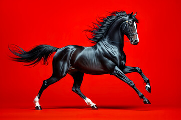 A powerful black horse runs energetically, showcasing its strength and elegance. The bold red background accentuates the horse's striking features and dynamic motion.