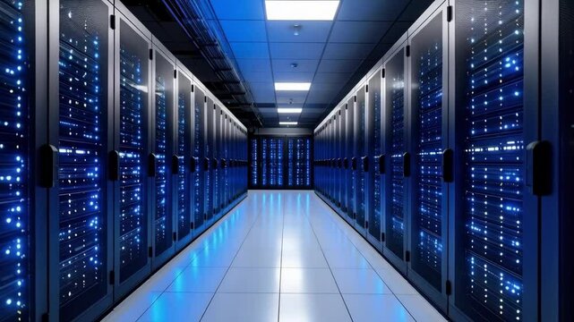Data center interior featuring rows of server racks with blinking lights and blue ambient lighting in a symmetrical aisle.