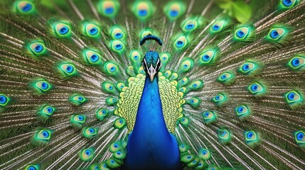 Obraz premium Peacock displaying vibrant, ornate tail feathers, showcasing iridescent colors and patterns