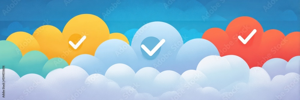 Poster cloud storage safety checklist with colorful clouds and check marks for data protection and security