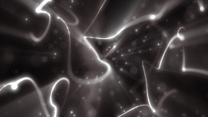 Smooth monochromatic white light trails flowing across a dark background, forming elegant waves and digital motion paths