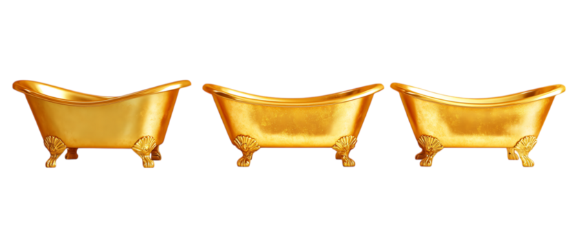 Pack Collection Three Gold Bathtubs Decorative Miniature Tubs set against transparent background
