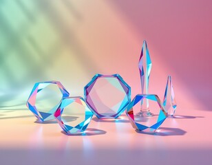 a collection of colorful, iridescent geometric sculptures against a gradient pink background