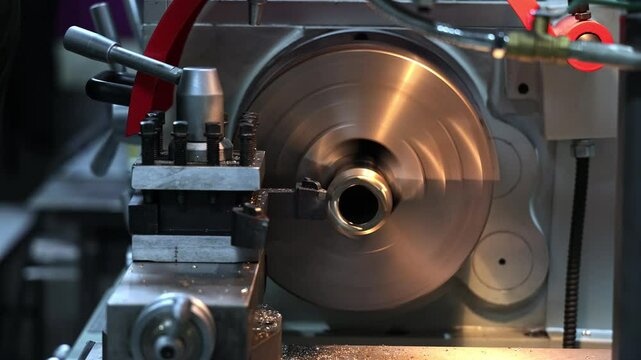Lathe Machine Cutting Metal Cylinder, High-Speed Spindle in Industrial Workshop