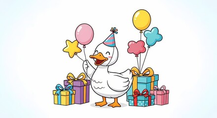 Adorable Goose Celebrates Birthday with Balloons and Gifts Fun Cartoon Illustration