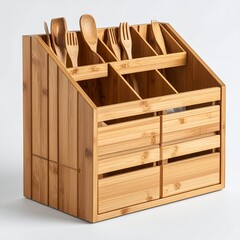 Crafted wooden cutlery organizer with drawers, a home essential on white background