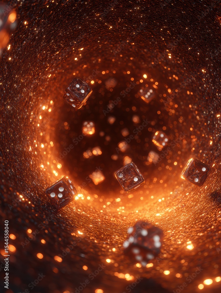 Poster Glowing Dice Rolling Through a Cyberspace Tunnel Filled With Sparks and Energy as They Navigate an Empty Bottom Section