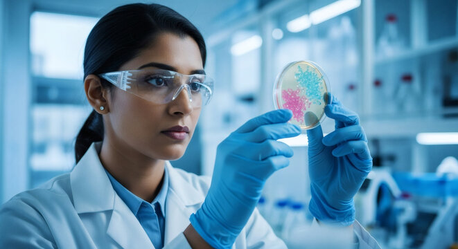 Dedicated female scientist carefully examining a vibrant microbial culture in a sterile laboratory, symbolizing groundbreaking research and scientific discovery in biotechnology. - Powered by Adobe