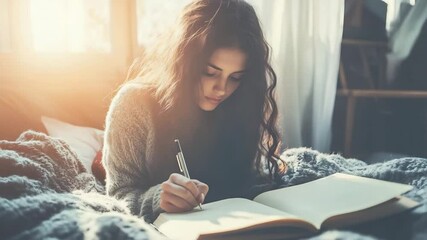 Woman writing in notebook on bed with soft sunlight, cozy blanket, calm focused expression, indoor lifestyle moment, peaceful and serene atmosphere