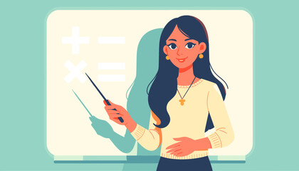 Teacher woman holding a pointer teaching in front of the class whiteboard