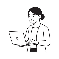 Professional woman working confidently on laptop in minimal line drawing style
