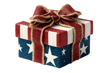 gift box with USA flag ribbon wrapped around. 4th of July, American Independence Day Celebration.  isolated on transparent background with clipping path.