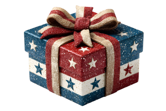 gift box with USA flag ribbon wrapped around. 4th of July, American Independence Day Celebration.  isolated on transparent background with clipping path.