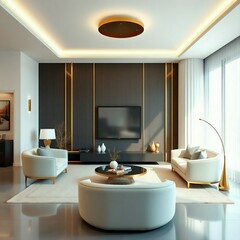 Generative ai rendering of modern living room interior, minimalist Art Deco style, gold accents, curved furniture, soft lighting, neutral color palette, 3D rendering, realistic shadows