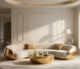 Generative ai rendering of modern living room interior, minimalist Art Deco style, gold accents, curved furniture, soft lighting, neutral color palette, 3D rendering, realistic shadows