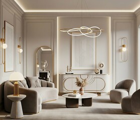 Generative ai rendering of modern living room interior, minimalist Art Deco style, gold accents, curved furniture, soft lighting, neutral color palette, 3D rendering, realistic shadows