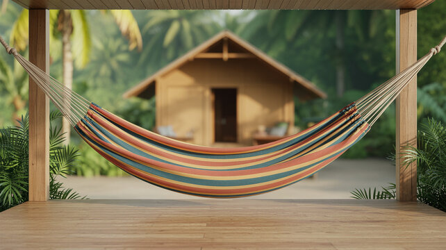 Tropical hammock relaxing on a wooden podium with cabin background and palm trees