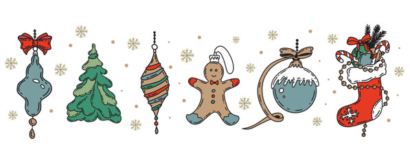 Christmas symbol, toy, ball, tree on white. Hand drawn illustration.	
