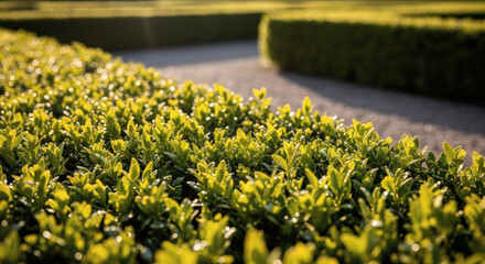 Lush Green Hedges Bathed in Warm Golden Sunlight, Creating a Serene and Manicured Garden Scene with a Sense of Order and Natural Beauty