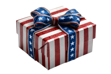 gift box with USA flag ribbon wrapped around. 4th of July, American Independence Day Celebration. national holiday concept. isolated on transparent background with clipping path.