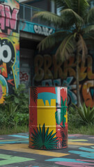 Colorful barrel with tropical design on a painted podium with graffiti background