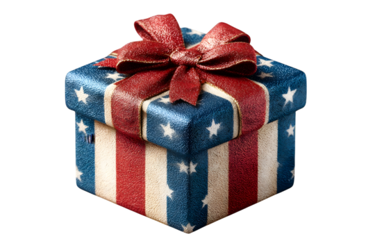 gift box with USA flag ribbon wrapped around. 4th of July, American Independence Day Celebration. national holiday concept. isolated on transparent background with clipping path.