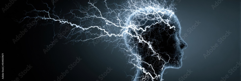 Aufkleber electric storm representing stress overload within a head outline during a conceptual visualization 