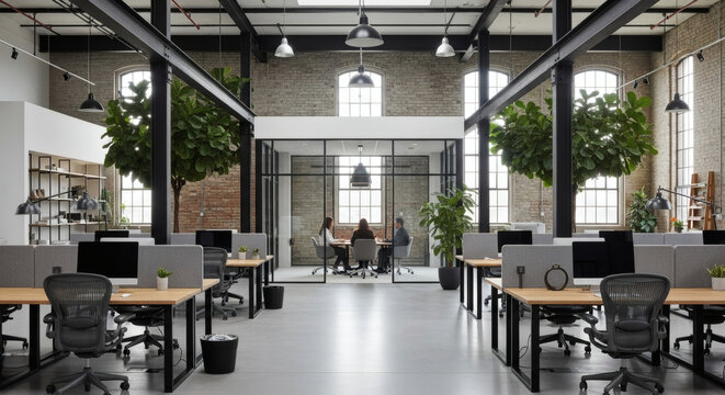 Modern open-plan office interior with spacious workstations and a glass-walled meeting room where business professionals collaborate, embodying contemporary corporate design. - Powered by Adobe