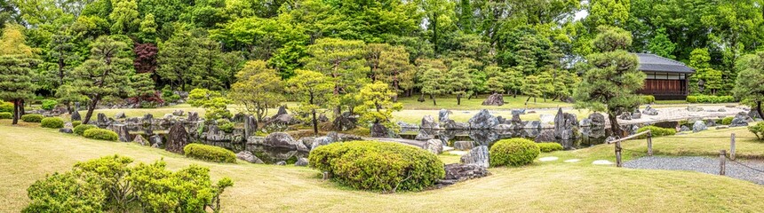 Panoramic view at the Seiryu-en garden in the streets of Kyoto in Japan