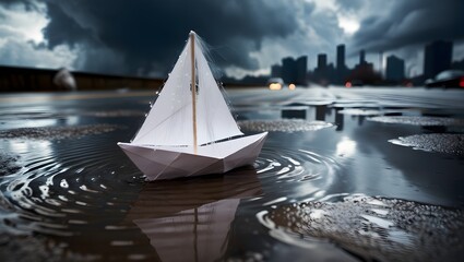 A paper boat floating through stormy puddles on a city street, reflecting the sky above &mdash; capturing childlike hope navigating a harsh world