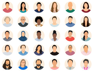 User avatars in circles. Collection of male and female human profile face icons. Unknown or anonymous person. People portraits vector illustration.