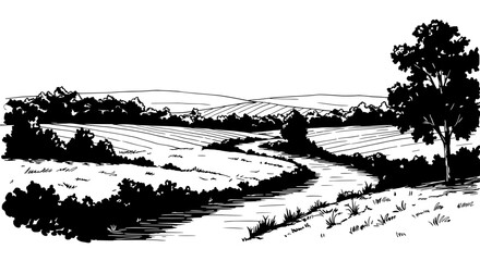 Fototapeta premium Rolling Hills and Serene Path: A hand-drawn black and white landscape depicts rolling hills and a meandering path. This tranquil illustration captures the simplicity and charm of the countryside.