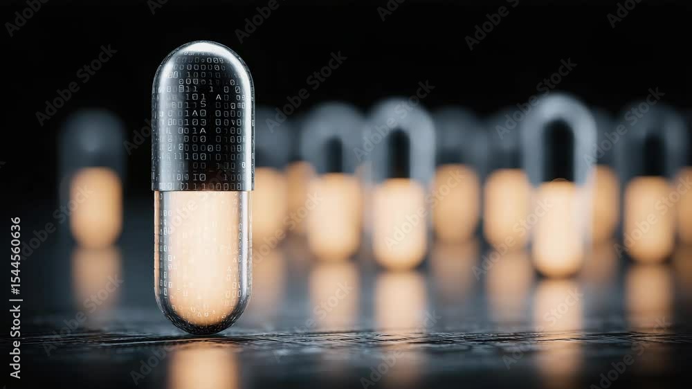 Poster a futuristic capsule with glowing binary code stands upright, surrounded by blurred capsules in a da