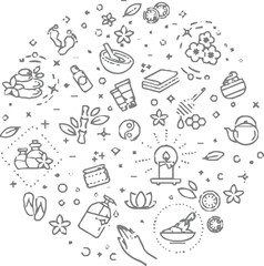 Content creation and writing-themed doodle icon set arranged in a circular layout. Includes elements like typewriters, paper, pens, chat bubbles, tablets, keyboards, quill pens, light bulbs, megaphone