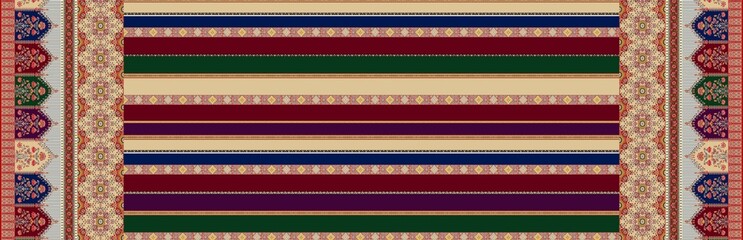 Digital textile dupatta design featuring horizontal stripes in red, green, beige, blue, and purple. Includes patterned detailing and decorative borders, creating a vibrant and traditional look.

