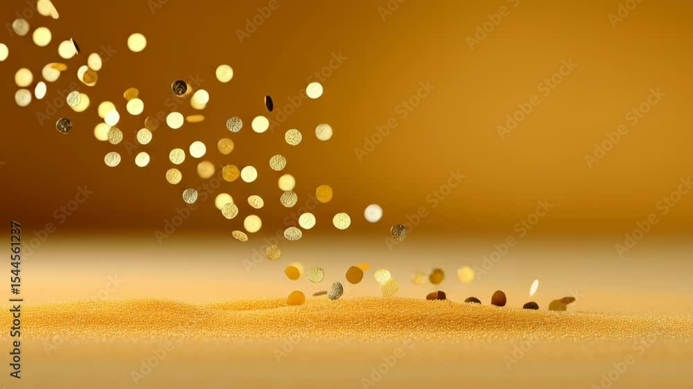 Aufkleber golden glitter particles cascading down onto a smooth surface, creating a shimmering effect against 