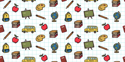 Playful seamless pattern with school themed icons like books, globes, pencils, and buses on notebook style grid background. Great for kids stationery, fabric, wrapping paper. Vector art