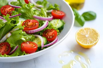 Fresh Green Salad with Red Cherry Tomatoes Sliced Red Onion and Cucumber in White Bowl Close Up View