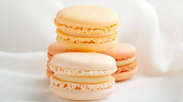 Three pastel-colored macarons are stacked on a white soft fabric background.