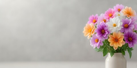 Fototapeta premium Pretty pastel dahlia bouquet in a vase against a gray background