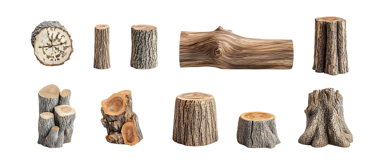 Pack Collection Wood Textures Collection of Logs Branches and Tree Stumps for Design Projects set against transparent background