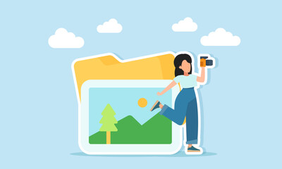 Female photographer doing a photo session near a photo album folder illustration of photo hunting for commercial or personal purposes