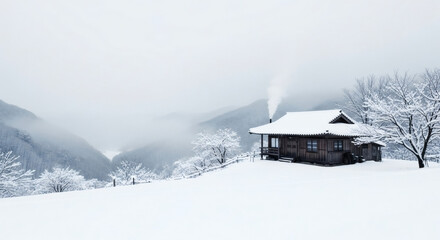 Peaceful Winter Retreat A Charming Wooden Cabin Nestled Amidst Snow-Draped Hills and Frosty Trees with Wisping Chimney Smoke