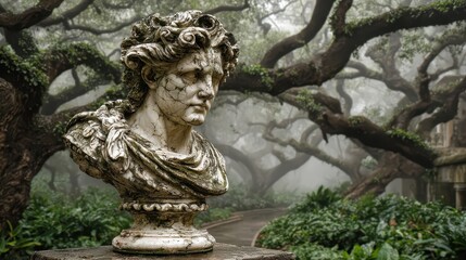 Elegant Marble Bust of a Woman Surrounded by Lush Greenery in Winter Garden Atmosphere